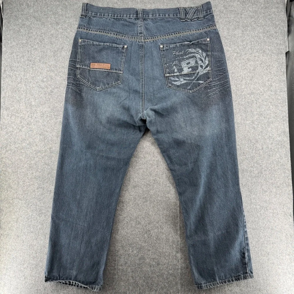 Phat Farm Denim Jeans Mens 39 x 30 Blue Vintage Graphic Back Pocket Whiskered